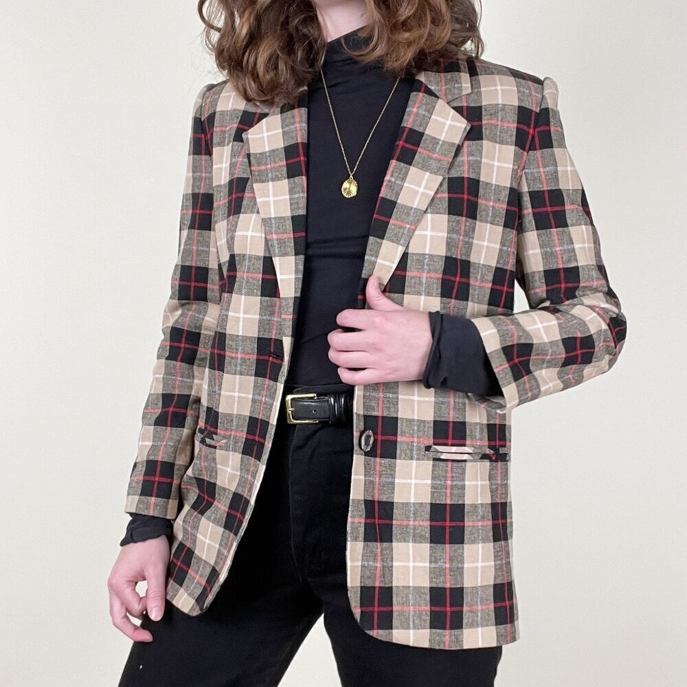 Vintage Linen Plaid Oversized Blazer Jacket Pea Coat Preppy Academia Old Money